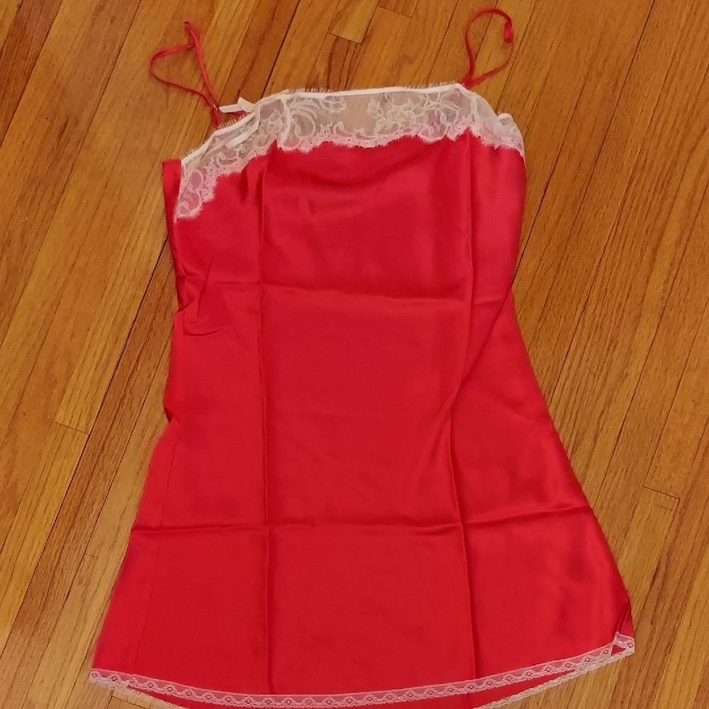 Victoria's Secret Red Satin Chemise with White Lace